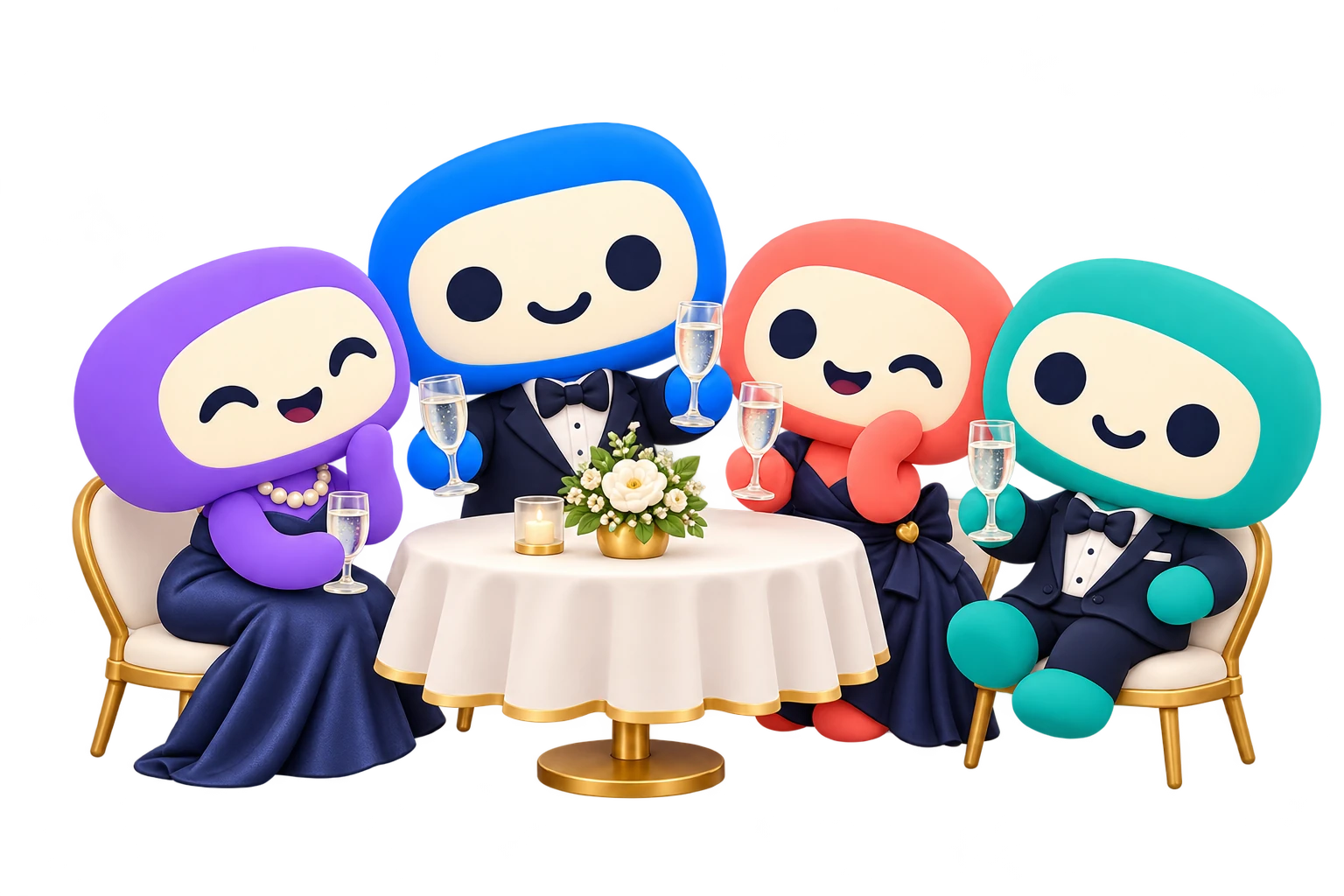 Illustrated characters seated at a fundraising dinner, shown as a sample scene rather than a real event or a real result