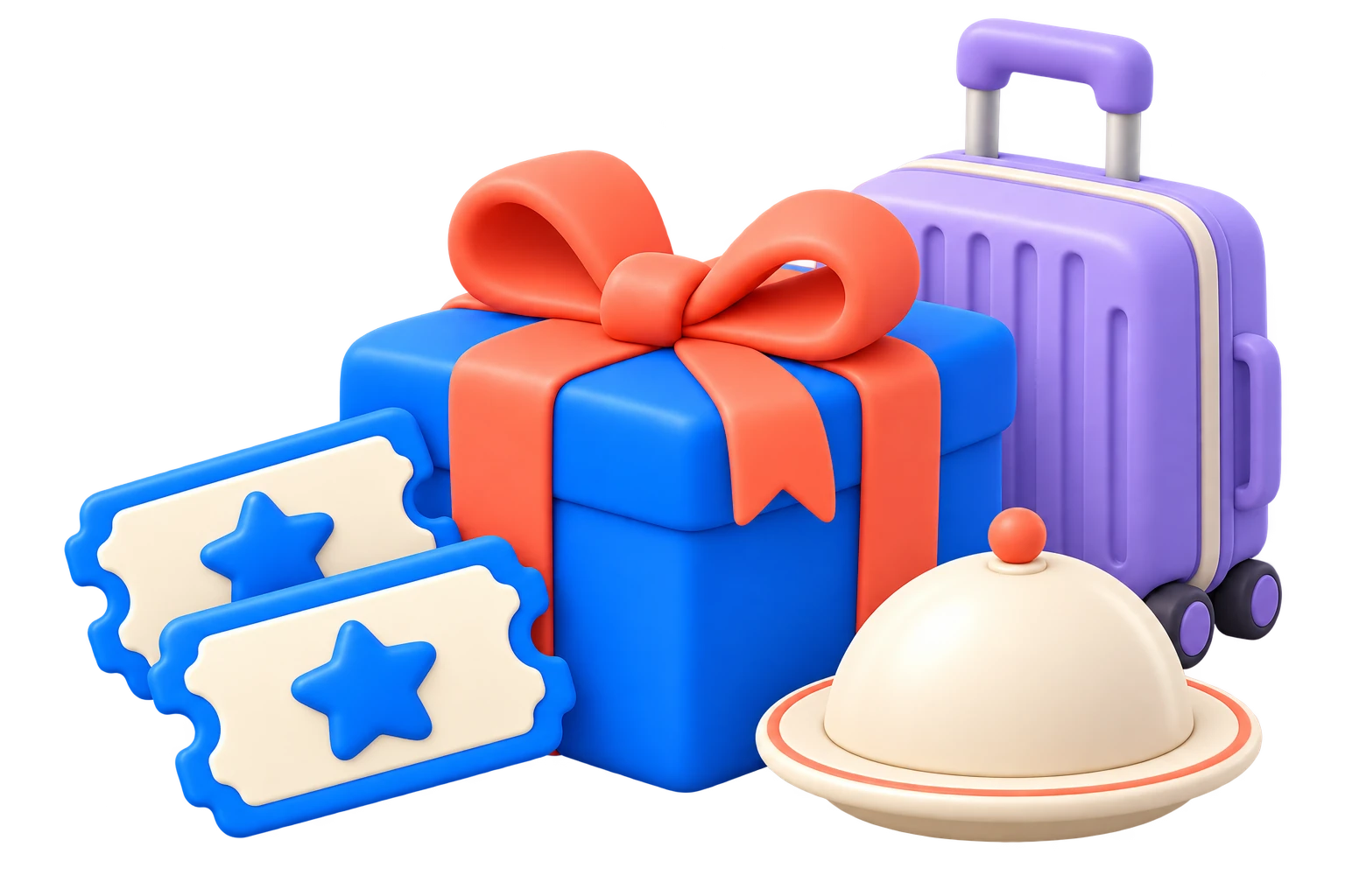 Illustrated gift, event tickets, suitcase and serving dish representing benefits a team can offer a sponsor